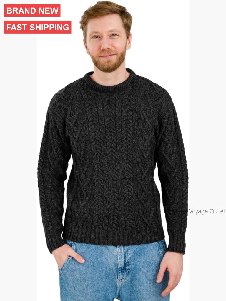 Men's 100% Merino Wool Cable Knit Pullover Sweater Long Sleeve Crew Neck